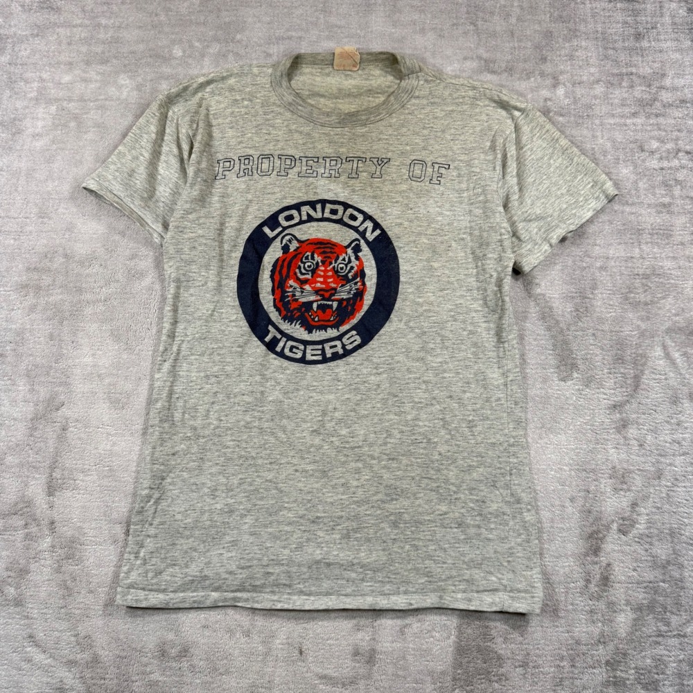 Vintage London Tigers Shirt Mens Medium Heather Gray 80s Thin Baseball Farm Team
